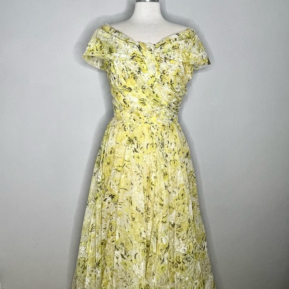 EMMA DOMB Vintage 1950’s Floral Print Off Shoulder Chiffon Gown Maxi Dress - Picture 1 of 11